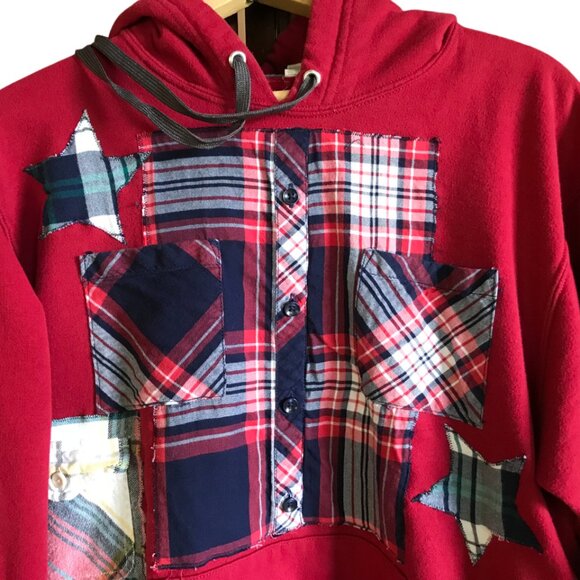 Upcycled Patchwork Hoodie, Size Medium: Red Plaid, Star Appliqués, Grunge Style - Picture 5 of 13